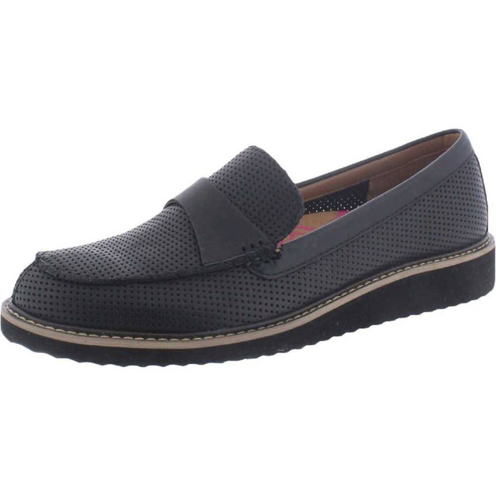 Comfortiva Womens Laina Black Leather Slip On Perforated Loafers Shoes